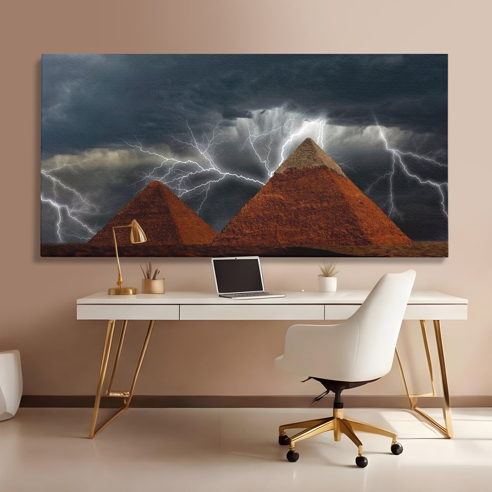 Tablou canvas cu ilustratie cu piramide si fulgere, fara rama, pe sasiu de lemn, pe perete intr-un birou